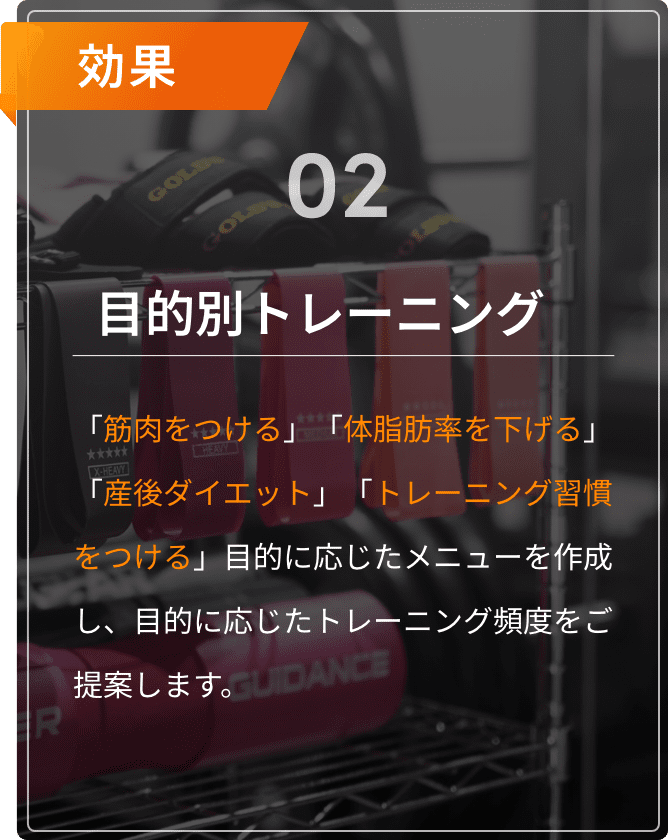 効果02。目的別トレーニング。「筋肉をつける」「体脂肪率を下げる」「産後ダイエット」「トレーニング習慣をつける」目的に応じたメニューを作成し、目的に応じたトレーニング頻度をご提案します。